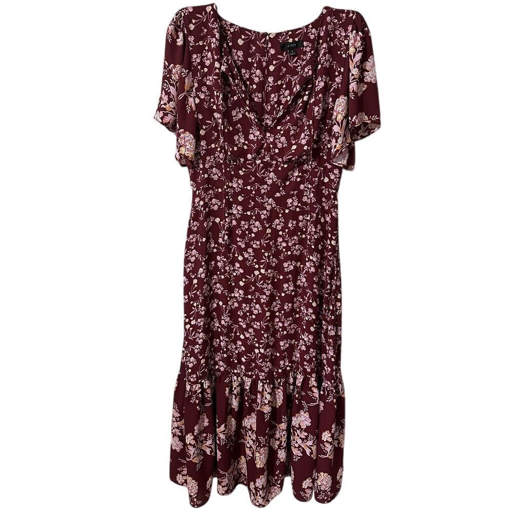 J. Crew Drapey Flutter-Sleeve Midi Dress In Burgundy Blooms Floral‎ Size 4 Lined